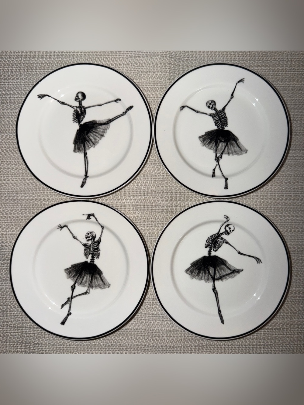 Set of 4 CIROA Wicked Halloween Skeleton Ballerina Appetizer Dessert Plates